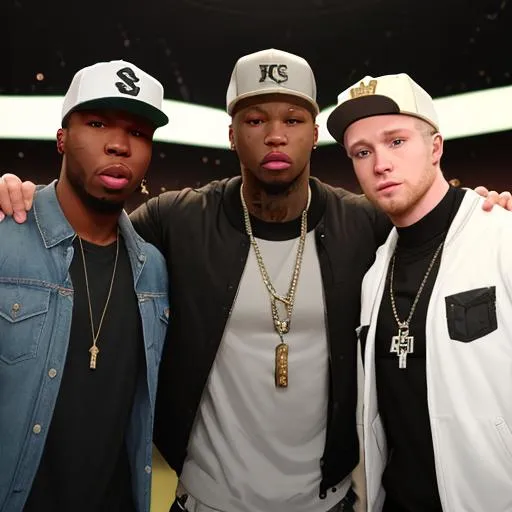 Prompt: an African-American Eminem, the rapper, standing next to a white, caucasian 50 Cent, the rapper