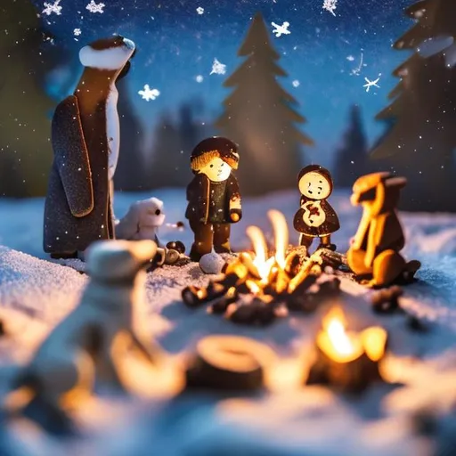 Prompt: tiny friends and a dog making smores at tiny wooden campfire string lights on a starry night in the snow
