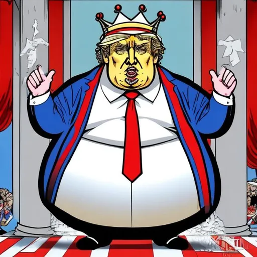Prompt: Obese Trump as king with crown on his head lightly crooked, too long red tie + dark-blue suit, Sergio Aragonés MAD Magazine cartoon style 