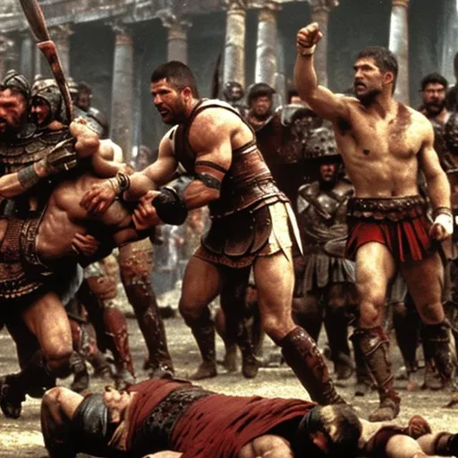 Prompt: Spartacus and his former gladiators sack Rome.