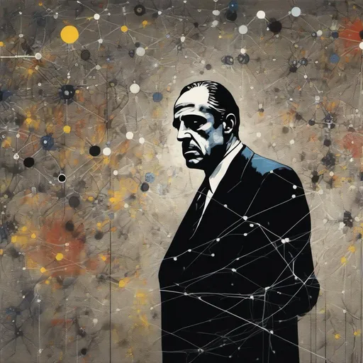 Prompt: The Godfather and futuristic graphics representing networks, data flows or digital patterns in a Jackson Pollock painting