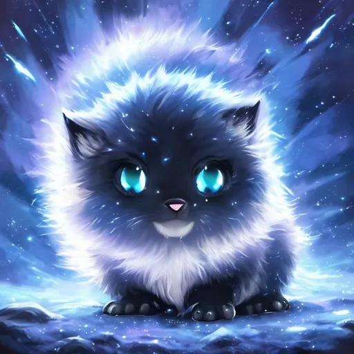 Prompt: Fluffy cute ball that is a eclipse, vivid blue eyes, void black fluff with glowing blue highlights, in the dark of night, masterpiece, best quality, ((In Spiritual Art style))