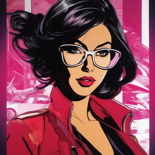 Prompt: a close up of a woman with a red jacket and black hair, silk screen art, zenescope, still from tv anime, asymmetrical artwork, by Sarah Morris, with bewitching eyes, nightclub dancing inspired, brown and magenta color scheme, bunny girl, stencil, extremely luminous bright design, voidstar, official artwork, navigator glasses, anti - communist, character mashup, unmasked, jean, (bee), by Dan Jurgens