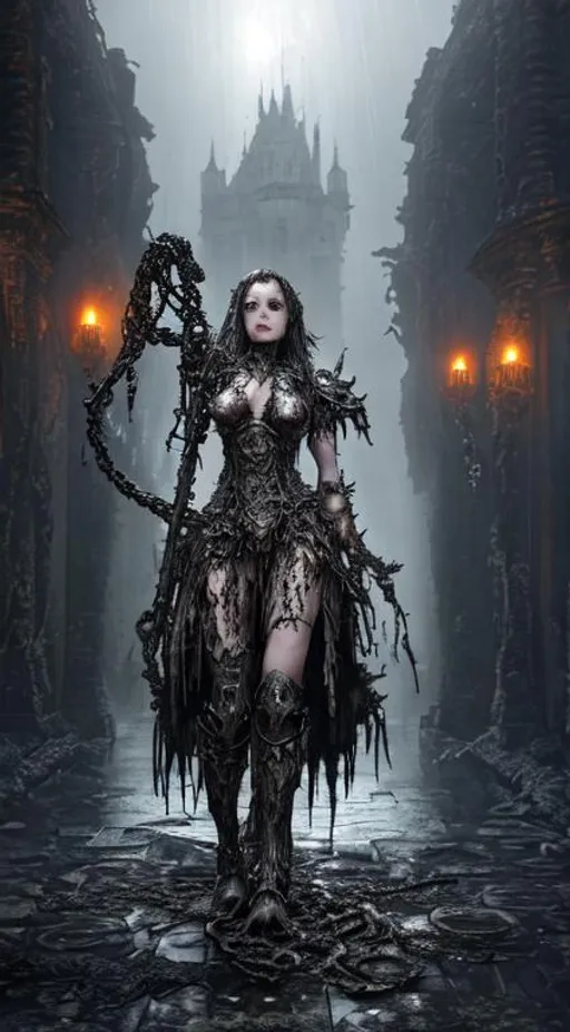 Prompt: full body portrait of fantasy woman with grimacing look in wet ornate organic living armor weilding a huge longsword in a dynamic action pose, in a decayed castle environment with bones and rusty chains, wearing armored boots, greaves, sabatons, standing against a backround of fog, foggy, eerie, wide angle shot, dutch angle, low angle shot, cinematic lighting, red fog, red background glow, dark, moody, greasy, vibrant, wet --ar 9:16