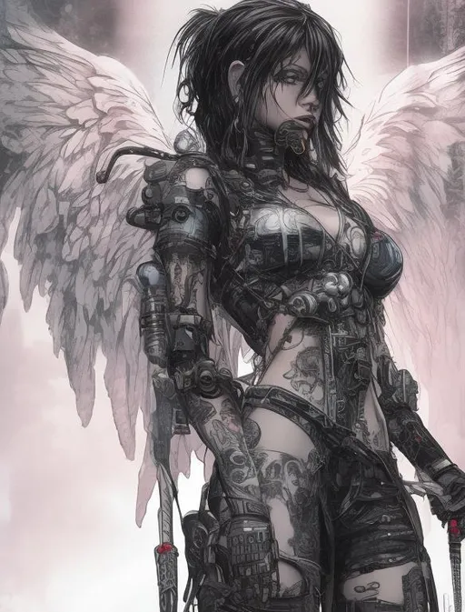Prompt: cyberpunk angel with seductive look holding a sword covered in tattoos