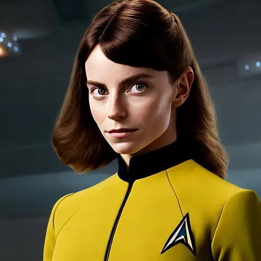 Prompt: A portrait of Emma Stansfield, wearing a Starfleet uniform, in the style of "Star Trek the Next Generation."