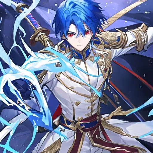 Prompt: A young male with vivid blue hair and red eyes in a white and blue aristocratic outfit with a blue/red/gold colored sword and scabbard.