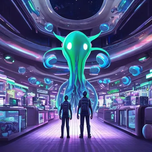 Prompt: squid security guards in a busy alien mall, widescreen, infinity vanishing point, galaxy background, surprise easter egg