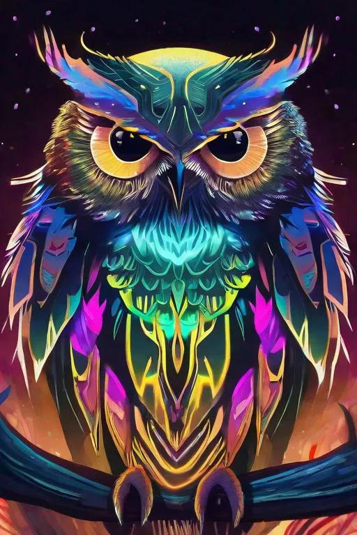Prompt: Splash art, Owl, bioluminescence, glowing, multicolor feathers, fantasy, very detailed feathers