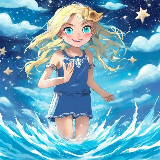 Prompt: water girl, with blue eyes, blonde and blue hair, staninding in water with stars and milkway above