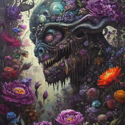 Prompt: Portrait of a dark smiling, clothed monster surrounded by vibrant flowers, vibrant, mysterious and malicious, detailed oil painting, whimsical, highres, colorful, vibrant, detailed, fantasy, eerie, oil painting, vibrant flowers, detailed monster, whimsical, joyful, vibrant colors
