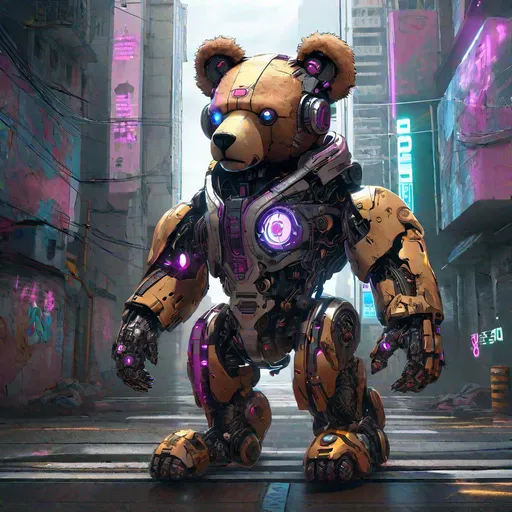 Prompt: cyborg teddy bear in a cyberpunk city, cyberpunk, artstation, award winning, 