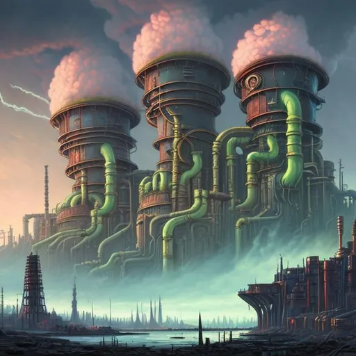 Prompt:  fantasy art style, painting, pipes, tubes, nuclear reactor, power plants, nuclear fusion, nuclear power, nuclear weapons, bombs, torpedoes, misiles, concrete, green neon lights, pollution, smog, fog, evil, misiles launching