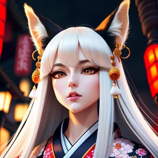 Prompt: 
Greg rutkowski,

Long shot, bottom looking up,

Full body girl , long legs, hyperdetailed, kimono, fox ears,

Perfect face, hyperdetailed cute face, hyperdetailed intricate eyes, intricate long white hair , middle part,

Long slender hands, perfect proportions,

Anxious, 

Colorful glamorous hyperdetailed intricate medieval japanese city background, long exposure, vivid colors,

Elegant, graceful,

HDR, UHD, high res, 64k, cinematic lighting, special effects, hd octane render, professional photograph, studio lighting, trending on artstation, 