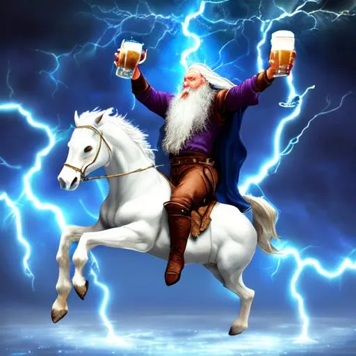 Prompt: fantasy, wizard drinking beer, magical, lightning, holding an overflowing mug, riding a pegasus, old, beard