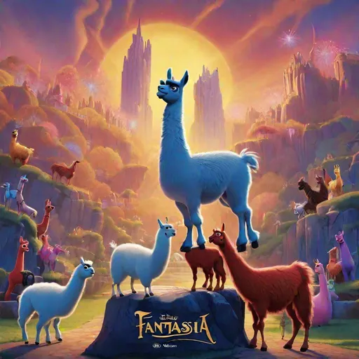 Prompt: Disney's Fantasia starring llamas and animated like a pixar film.