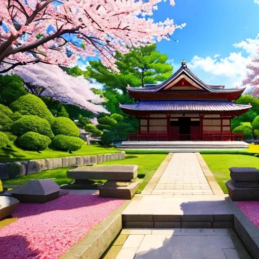 Prompt: A summer sakura tree and a temple illustrationen 