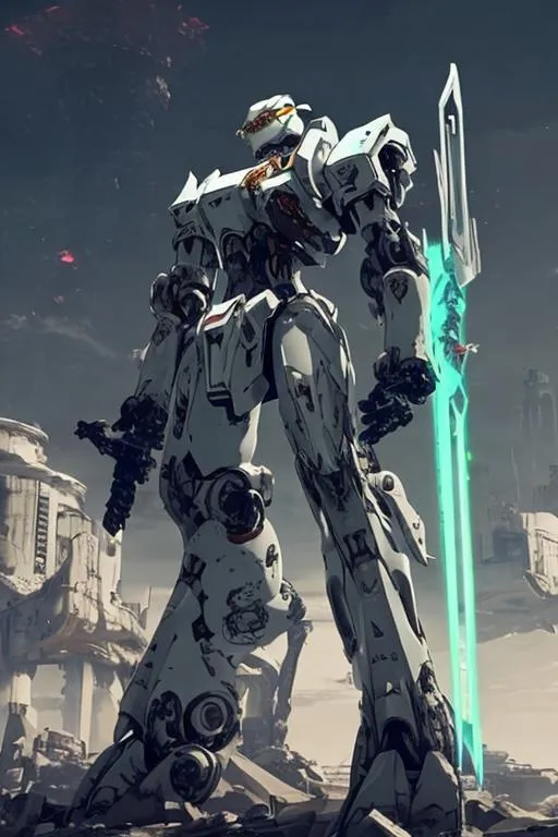 Prompt: A white mecha with sleek but complex armour design holding a sword and floating weapons surrounding it with a ruined city as background