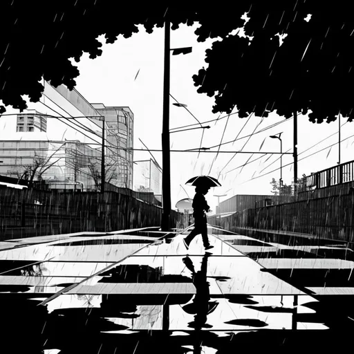 Prompt:  boy walking while it's raining, manga style 
