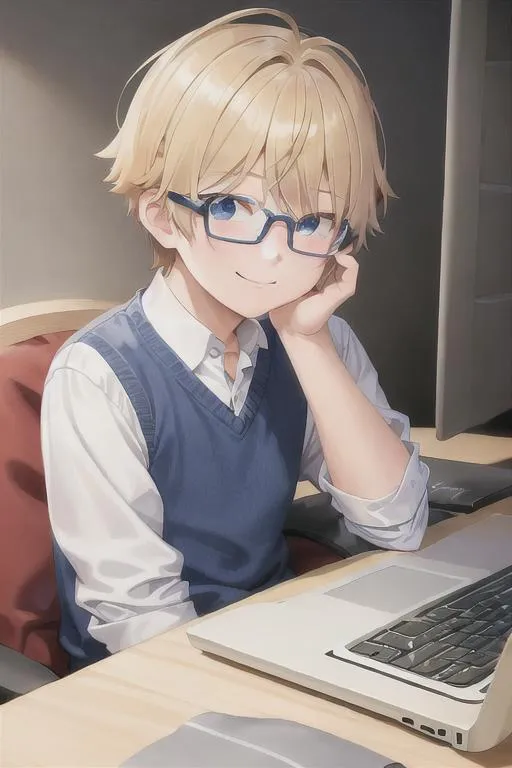 Prompt: A 14-year-old boy,
short blond hair, plays on his computer and turns his head to give us a little smile, wears glasses, full body. Very detailed clothing