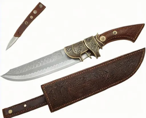 Prompt: An intricate carved leather hunting knife sheath with Egyptian  cartouches, scarabs. and gods, KNIFE IS DAMASCUS
