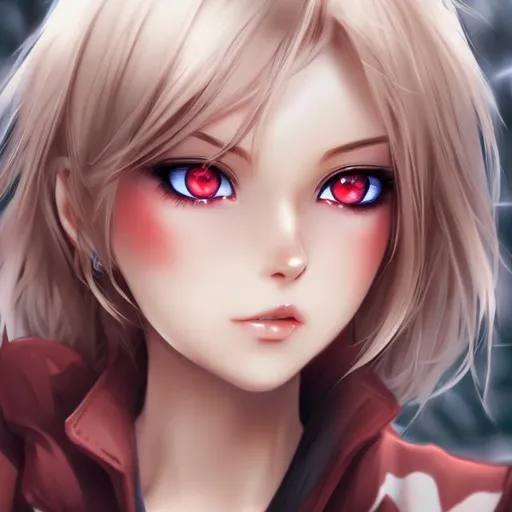 Prompt: Gorgeous woman, beautiful, semi realistic anime style, short blond, crimson red eyes