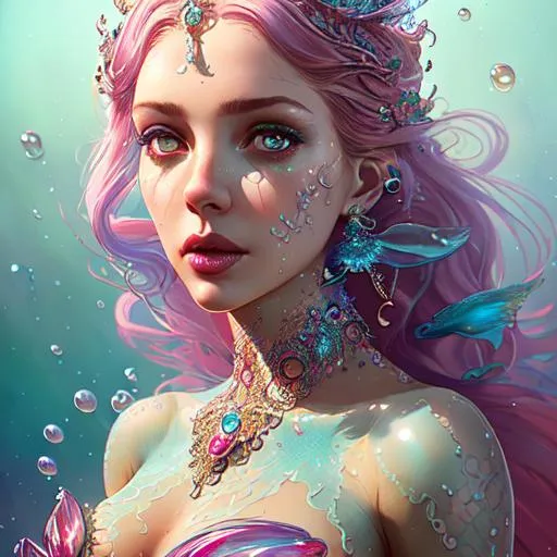 Prompt: Intricately detailed front facing photograph of An elaborate beautiful ocean mermaid woman goddess glossy lipstick intricate glistening skin face bright eyes prismatic jelly blue pink clear dress long hair hyperdetailed painting by Ismail_Inceoglu Tom Bagshaw Dan Witz CGSociety ZBrush Central fantasy art 4K, bubbles in background digital painting, digital illustration, extreme detail, digital art, ultra hd, vintage photography, beautiful, tumblr aesthetic, retro vintage style, hd photography, hyperrealism, extreme long shot, telephoto lens, motion blur, wide angle lens, deep depth of field, warm, anime Character Portrait, Symmetrical, Soft Lighting, Reflective Eyes, Pixar Render, Unreal Engine Cinematic Smooth, Intricate Detail, anime Character Design, Unreal Engine, Beautiful, Tumblr Aesthetic,  Hd Photography, Hyperrealism, Beautiful Watercolor Painting, Realistic, Detailed, Painting By Olga Shvartsur, Svetlana Novikova, Fine Art