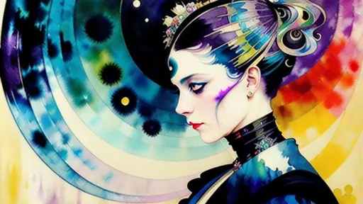 Prompt: Lady in Black, smudge, splash, stain, watercolor, alphonse mucha, rococo, iridescent, synesthesia, mysterious, vapor, whimsical, noctilucent, karol bak, sonia delaunay, takashi murakami, ralph steadman, mixed media, symbolist painting