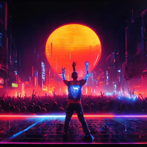 Prompt: close up deejay with his hands up in a lightshow, dancing crowd, perfect composition, hyperrealistic, super detailed, 8k, high quality, trending art, trending on artstation, sharp focus, studio photo, intricate details, highly detailed, cyberpunk, by greg rutkowski