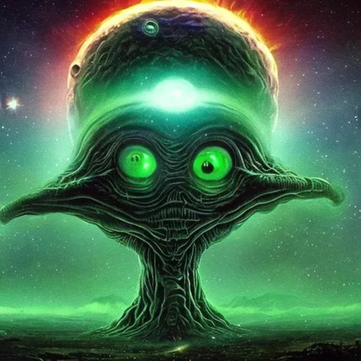 Prompt: giant strange looking alien coming from within earth, with starry background, all in green, looking at the mothership up in the galaxy sky