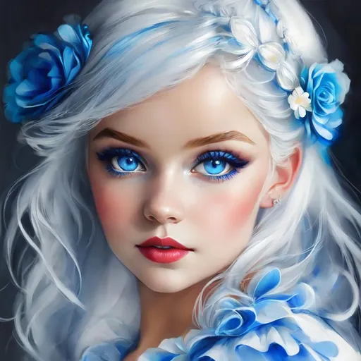 Prompt: baby  girl with snow white hair and frosy blue eyes wearing a blue dress, closeup