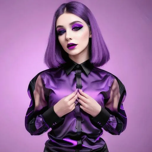 Prompt: beautiful woman, wearing futuristic purple and black shirt, purple make up, colorful brithning background