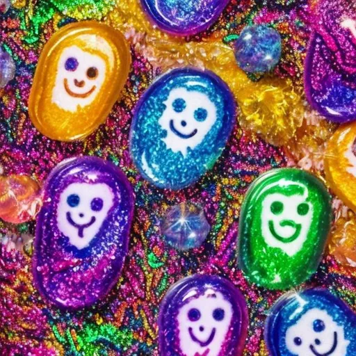 Prompt: Miniature Sequins and ghosts in the style of Lisa frank