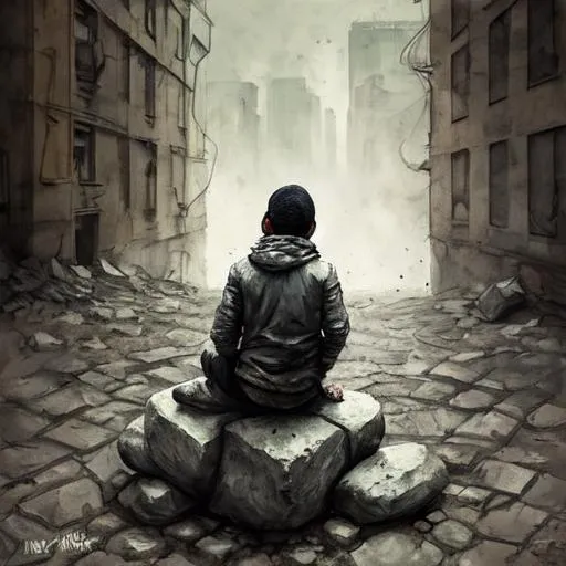 Prompt: Small musician with back to camera sitting on stone dreaming about looking out on dystopian, dreary city
