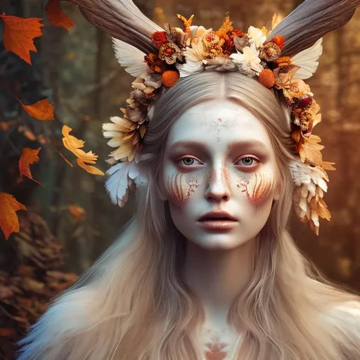 Prompt: A beautifull and pale goddess with a feather headdress  and little deer horns sitting in the woods. SHe has patterns on her skin. Photorealistic. warm colours. psychedelic patterns in the Background. Autumn Vibes.