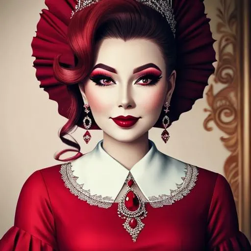 Prompt: Ruby lady-lady, all in red, pretty makeup, elegant, nice clothes, facial closeup