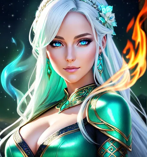 Prompt: Fantasy style, a hyper realistic detailed image of Aelin Ashryver Galathynius, ((white hair)), ((Blue eyes)) covered in nightly glow, holding flames, ((wearing a mint green dress)) perfect composition, super detailed, sharp focus HDR, UDR, 120k, square jaw, slender upturned nose, 