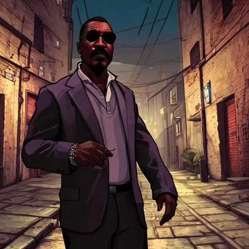 Prompt: Clifton Powell smoking a joint in a dark alleyway, GTA style, landscape