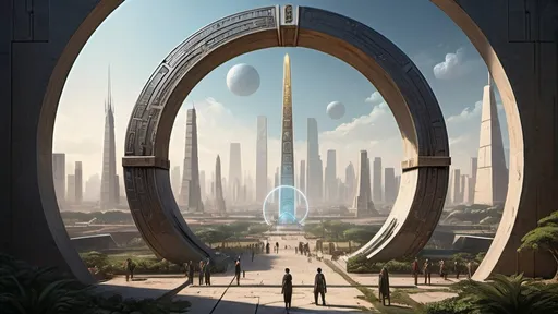 Prompt: human-scale circular portal, portal between cities realms worlds kingdoms, ring standing on edge, freestanding ring, hieroglyphs on ring, complete ring, obelisks, pyramids, futuristic towers, garden plaza, large wide-open city plaza, wide vista view, futuristic cyberpunk dystopian setting