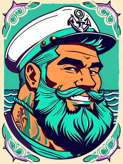 Prompt: A vintage pin-up tattoo-style portrait of a muscular, bearded Latino man with a cocky grin. He has intricate tattoos, including an octopus on his chest, and wears a vintage sailor hat and a speedo. Using bold outlines and hatching, the palette includes purple, sage green, and teal. Create a background with nautical elements like a rope frame, scattered stars, albatross birds, and purple roses to enhance the tattoo aesthetic.