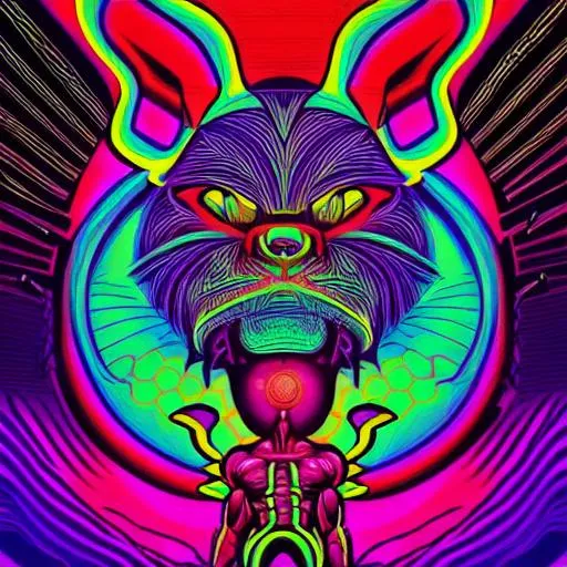 Prompt: Hypnotic illustration of bodybuilding and animals, hypnotic psychedelic art by Dan Mumford, pop surrealism, dark glow neon paint, mystical, Behance