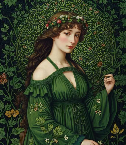 Prompt: create a picture, william morris style with a beautiful forest goddess