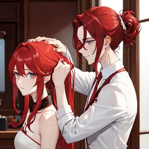 Prompt: Zerif 1male (Red side-swept hair covering his right eye) helping Haley get ready for a wedding