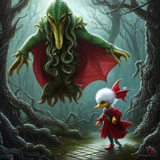 Prompt: candy duck cthulhu chases little red riding hood on the path in the dark forest , grimm's fairy tale, highly detailed concept art painting, digital art, trending on arstation, nightmare of H. P. Lovecraft