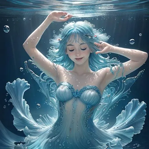 Prompt: Zoom in Portrait Very beautiful water nymph, Undine (Masterpiece), Closed eyes and smile, Schools of small fish, watery blue hair, (Masterpiece), fantastic sunlight, bubbles dancing on the water, very beautiful woman, fantasy, beautiful dancing pose, fantastic coral group background, realistic flowers and plants,, constellation-like design Dress, in water Shining blue hair, cinematic light, beautiful woman, beautiful eyes, long hair, perfect anatomy, very pretty, princess eyes, fantastic, stylised animation, bioluminescent, life size, 32K resolution, human hands, mysterious shape, graceful, almost perfect, dynamic angles, highly detailed, figure sheet, concept Art, smooth, symmetrical, balanced placement, fashion pose, 20s beauty, great hair, overhead space