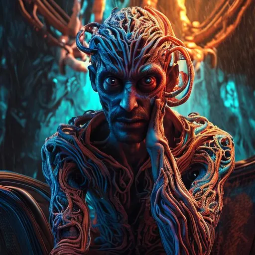 Prompt: human man who is having a psychedelic hallucination of the underworld side view seated on a chair with his head in his hands detailed faces hyper realistic extremely detailed dark cinematic 4K