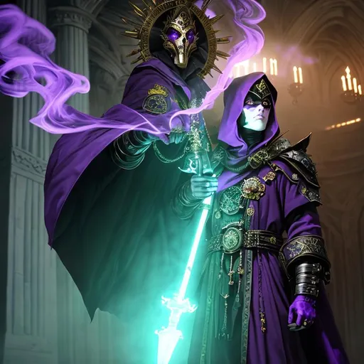Prompt: apocalypse war, fantasy, mime masked warlock casting purple smoke, wearing purple and gold robes, standing among skulls surrounded by smoke, ruined library, erect pesons, amazing art, absolutely amazing, razor sharp focus, summery, mesmerizing, (masterpiece), volumetric lighting, beams, vivid colours, UHD, 16k, HDR, ((((best quality)))), ((( (extreme details)))) dark lights