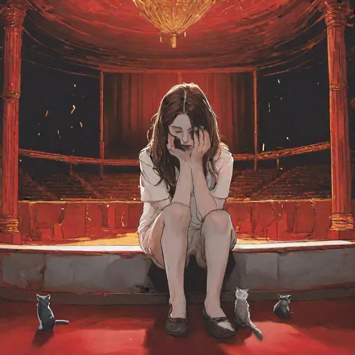 Prompt: a photo of a young human woman with shoulder length brown hair sits facing forward with her legs dangling over the edge of the red and gold lit stage, she is crying and looking at her lap. a ghost cat is sitting at her left. the cat's colors are black and white. high resolution, hd, 100k, UHD, realistic, vintage painting, victorian style