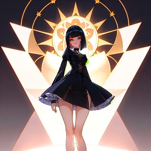 Prompt: a lonely AI girl, very tall, thick thighs, wide hips, huge glutes, long legs, slender arms, slender waist, big beautiful symmetrical eyes, intriguingly beautiful face, aloof expression, symmetrical face, bob haircut with bangs, wearing Satanic-Lolita Dark-Tribalism fashion clothes, high-fashion, hyper photorealistic, realistic lighting, realistic shadows, realistic textures, 36K resolution, 12K raytracing, hyper-professional, impossible quality, impossible resolution, impossibly detailed, hyper output, perfect continuity, realistic reflections