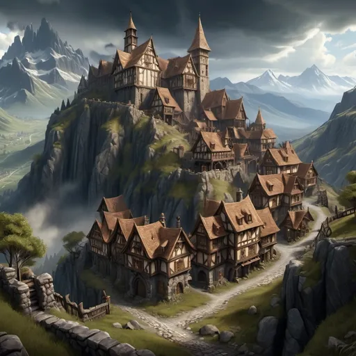 Prompt: Town high in the mountains in Warhammer fantasy RPG style, detailed architecture, rugged terrain, dramatic lighting, high quality, fantasy, medieval, mountain town, detailed buildings, various buildings, atmospheric lighting, epic landscape, rugged terrain, dramatic sky, immersive environment